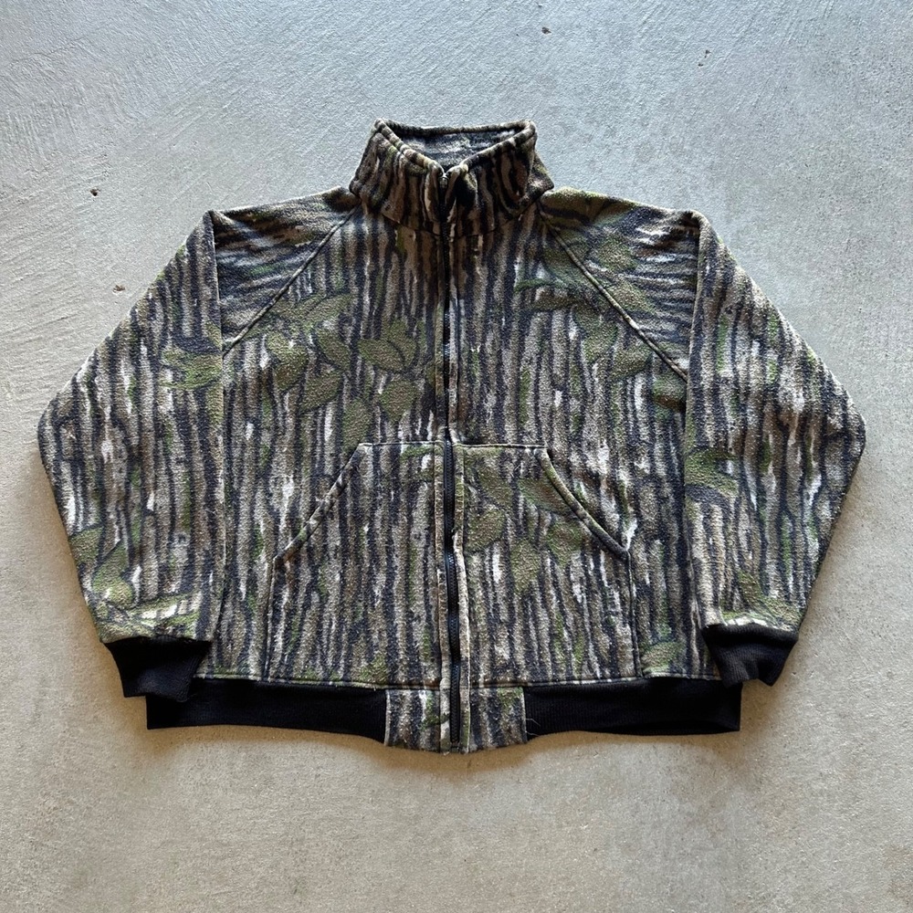 Vintage 80s SafTbak Jacket Size Large Brown Treebark Camo Full Zip Fleece Hunt